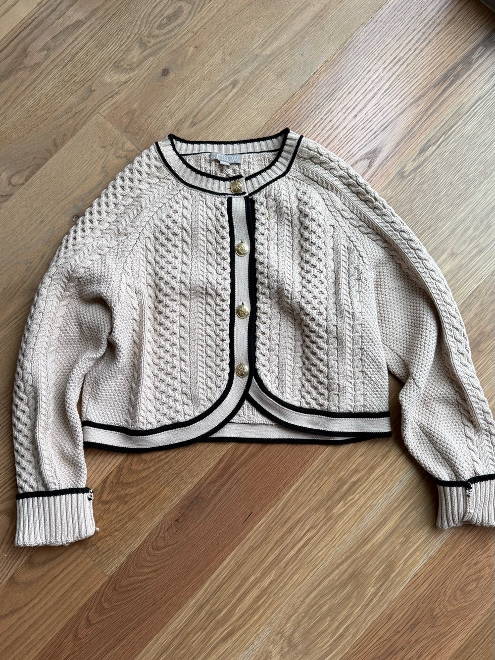 J. Crew Cream Cable-Knit Cropped Cardigan with Black Trim